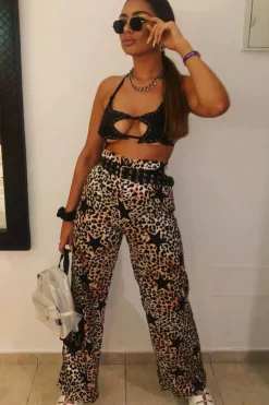 Rebellious Fashion Beige Satin Leopard Print Star Detail Wide Leg Trousers - Pippa