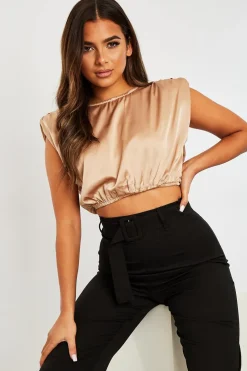 Rebellious Fashion Beige Satin Ruched Shoulder Pad Crop Top - Darina
