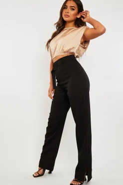 Rebellious Fashion Beige Satin Ruched Shoulder Pad Crop Top - Darina