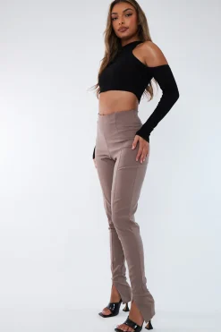 Rebellious Fashion Beige Seam Detail Split Hem Leggings - Mila
