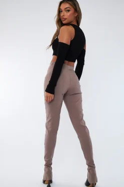Rebellious Fashion Beige Seam Detail Split Hem Leggings - Mila