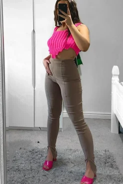 Rebellious Fashion Beige Seam Detail Split Hem Leggings - Mila