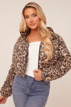 Rebellious Fashion Beige Sequin Leopard Print Puffer Jacket - Amara