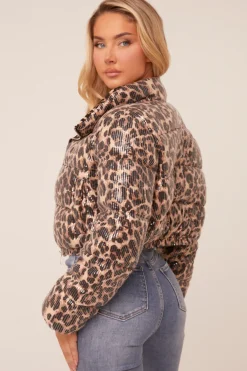Rebellious Fashion Beige Sequin Leopard Print Puffer Jacket - Amara