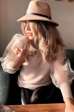 Rebellious Fashion Beige Sequin Mesh Sleeve Fluffy Yarn Jumper - Olisa
