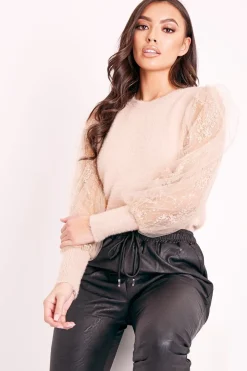Rebellious Fashion Beige Sequin Mesh Sleeve Fluffy Yarn Jumper - Olisa