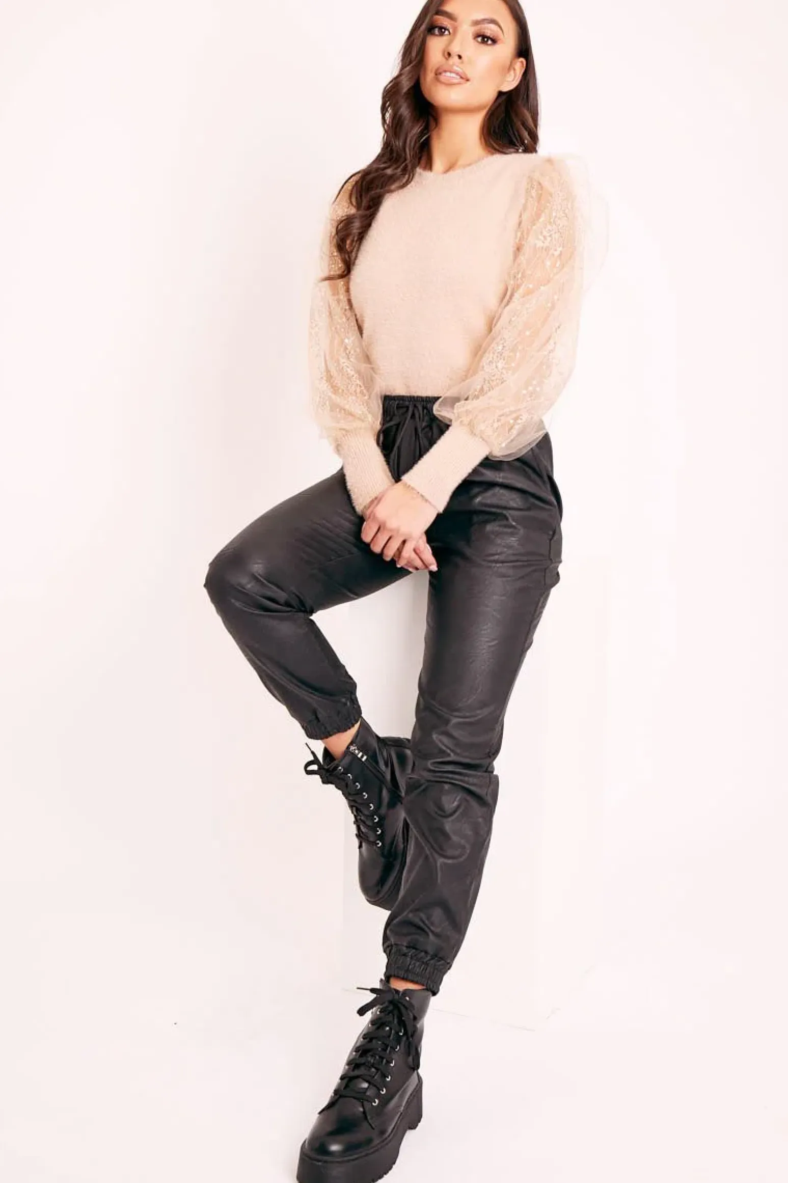 Rebellious Fashion Beige Sequin Mesh Sleeve Fluffy Yarn Jumper - Olisa