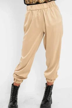 Rebellious Fashion Beige Shiny Woven Cargo Trousers - Atley
