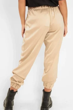Rebellious Fashion Beige Shiny Woven Cargo Trousers - Atley