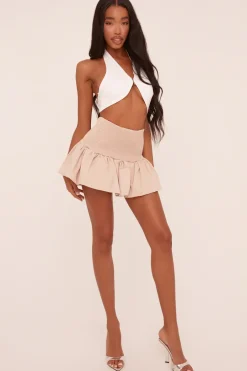 Rebellious Fashion Beige Shirring Detail Puffball Mini Skirt - Gracen