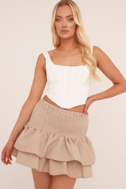 Rebellious Fashion Beige Shirring Detail Tiered Mini Skirt - Vitoria