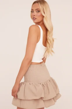 Rebellious Fashion Beige Shirring Detail Tiered Mini Skirt - Vitoria
