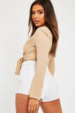 Rebellious Fashion Beige Shoulder Pad Wrap Around Crop Top - Jadora