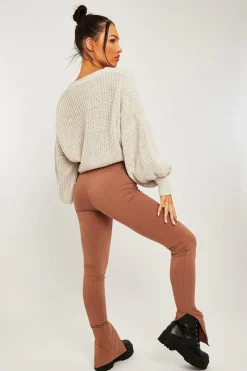 Rebellious Fashion Beige Side Split Leggings - Oliviah