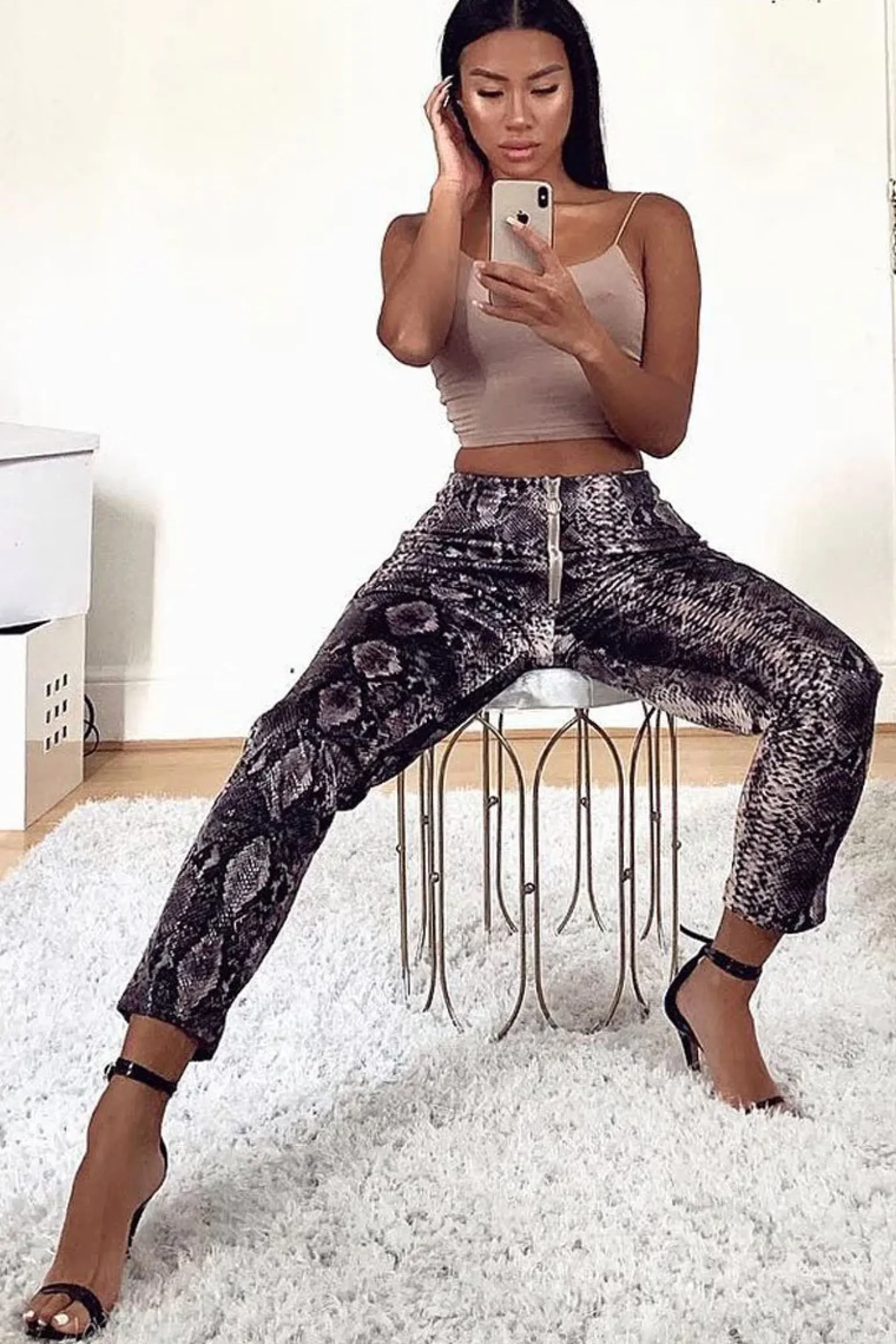 Rebellious Fashion Beige Snake Coated Zip Front Trousers - Destynie