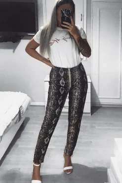 Rebellious Fashion Beige Snake Coated Zip Front Trousers - Destynie