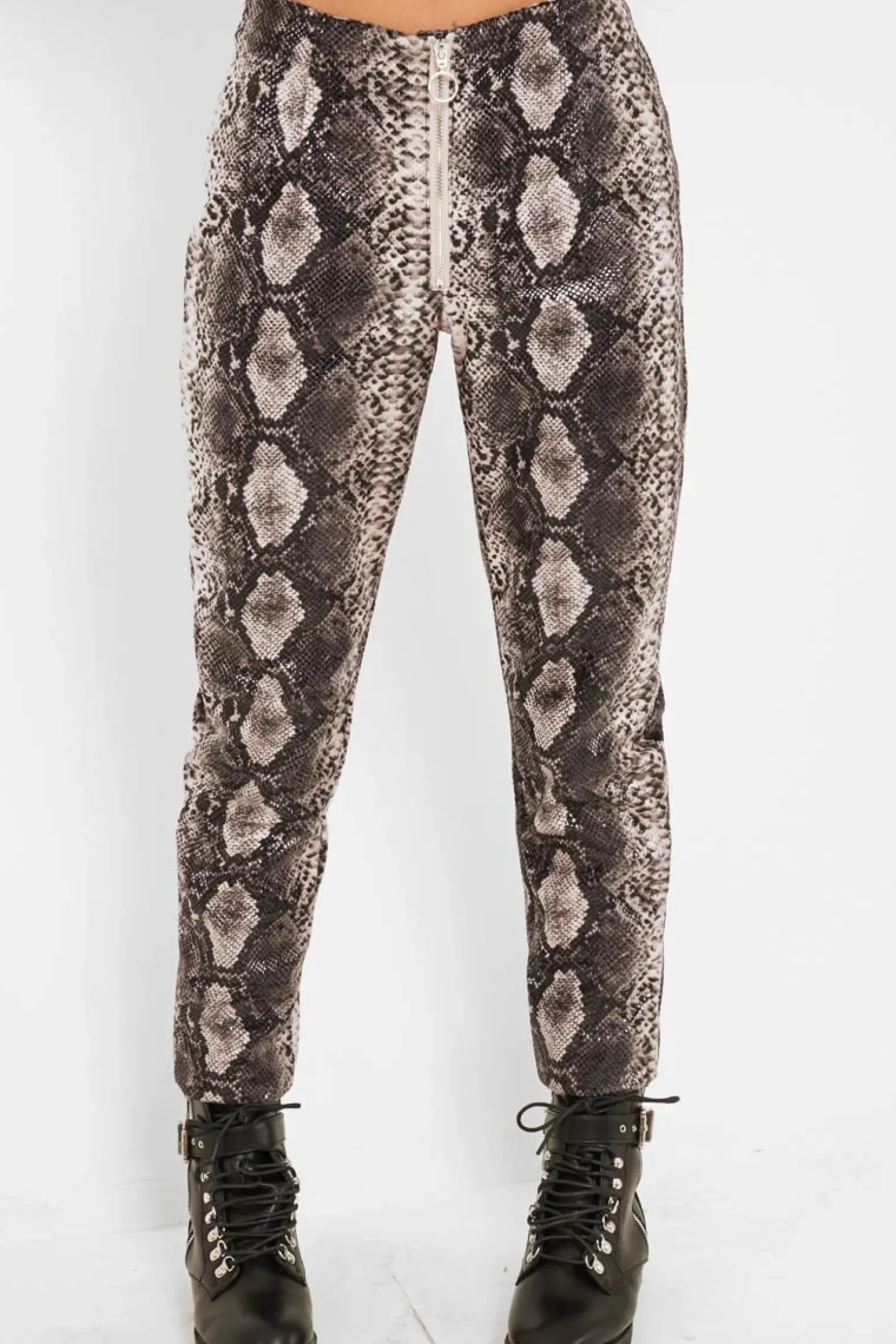 Rebellious Fashion Beige Snake Coated Zip Front Trousers - Destynie