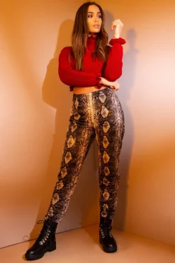 Rebellious Fashion Beige Snake Coated Zip Front Trousers - Destynie