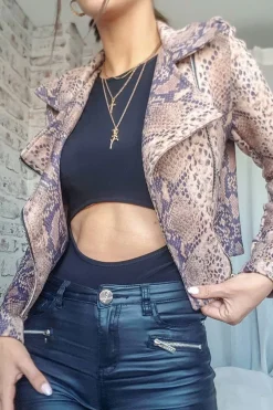 Rebellious Fashion Beige Snake Faux Suede Biker Jacket - Kizzie
