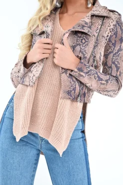 Rebellious Fashion Beige Snake Faux Suede Biker Jacket - Kizzie