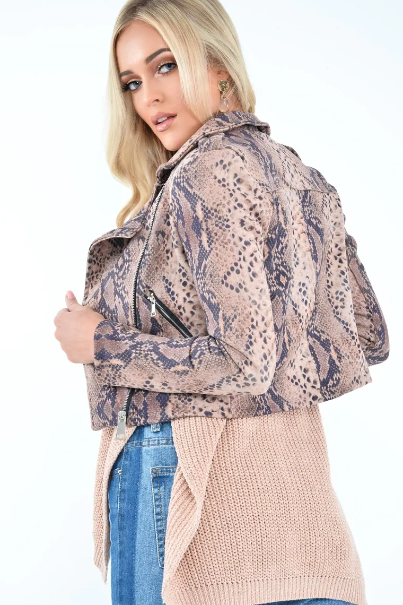 Rebellious Fashion Beige Snake Faux Suede Biker Jacket - Kizzie