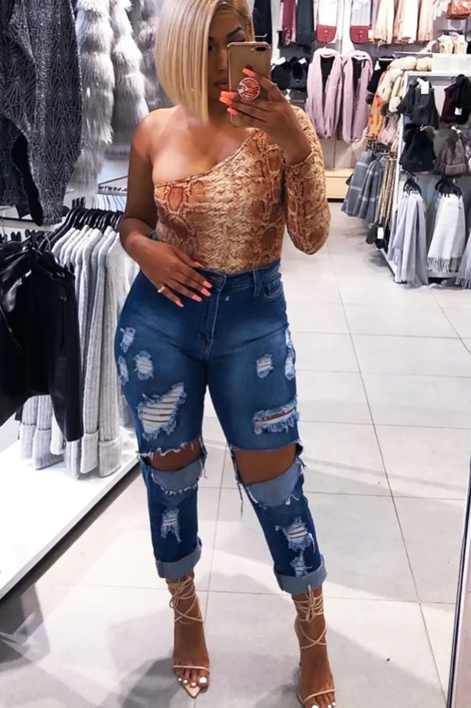 Rebellious Fashion Beige Snake One Sleeve Bodysuit - Iria