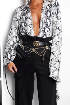 Rebellious Fashion Beige Snake Plunge Flare Sleeve Blouse Bodysuit - Mckyla