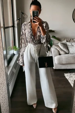 Rebellious Fashion Beige Snake Plunge Flare Sleeve Blouse Bodysuit - Mckyla