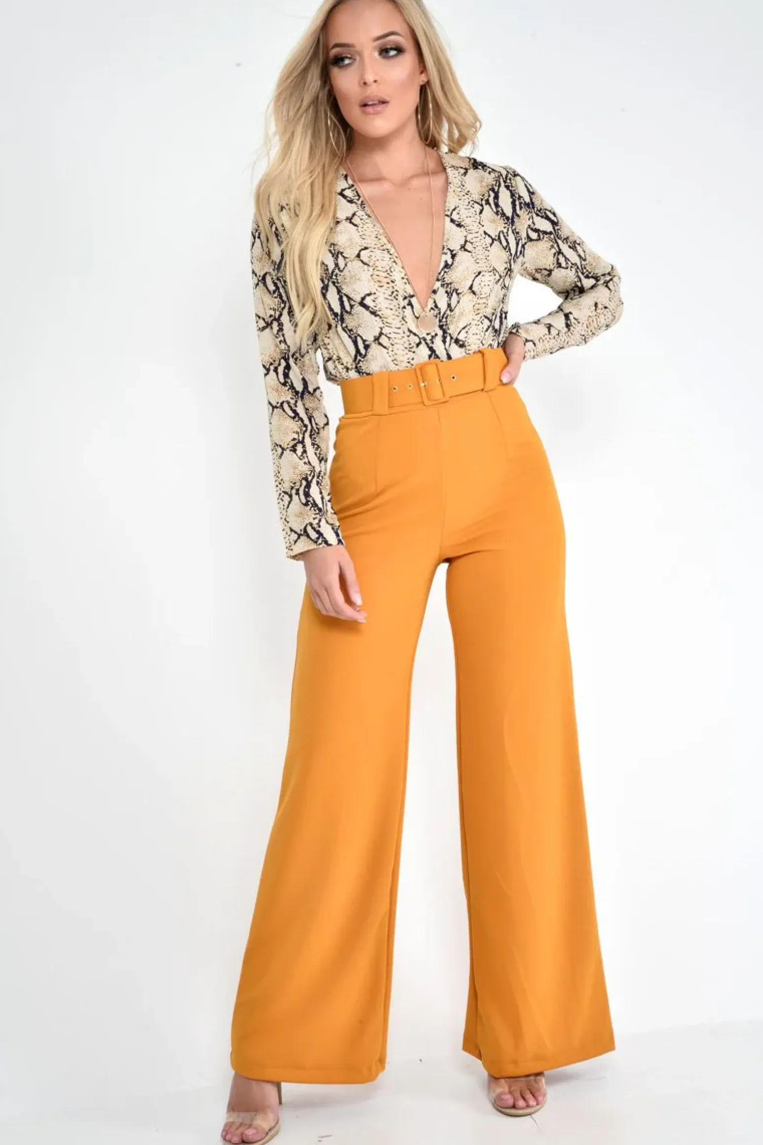 Rebellious Fashion Beige Snake Plunge Long Sleeve Bodysuit - Katya