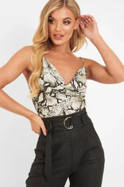 Rebellious Fashion Beige Snake Print Cowl Neck Bodysuit - Ensley