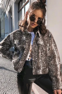 Rebellious Fashion Beige Snake Print Crop Denim Jacket - Bernice