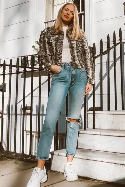 Rebellious Fashion Beige Snake Print Crop Denim Jacket - Bernice