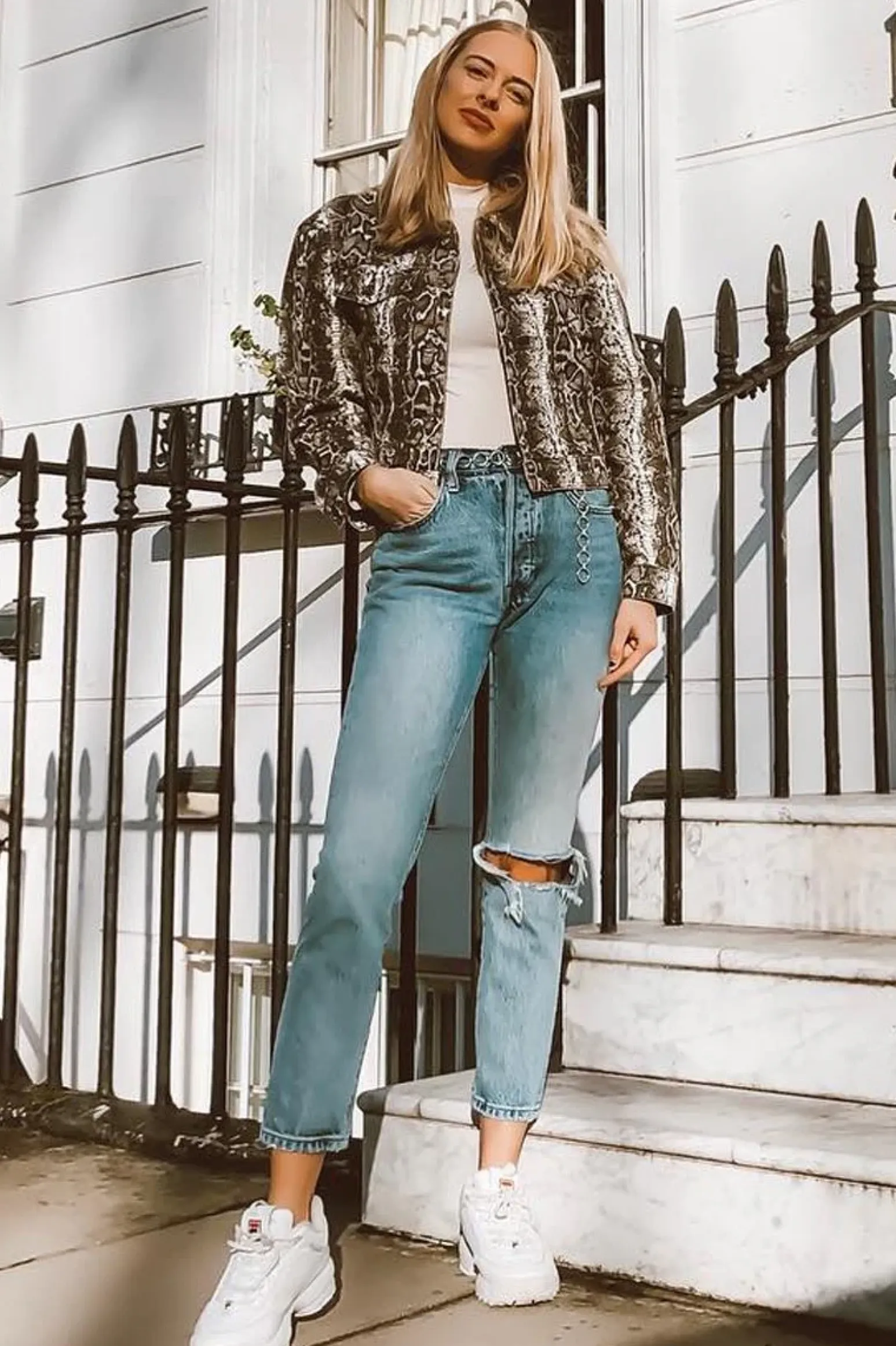 Rebellious Fashion Beige Snake Print Crop Denim Jacket - Bernice