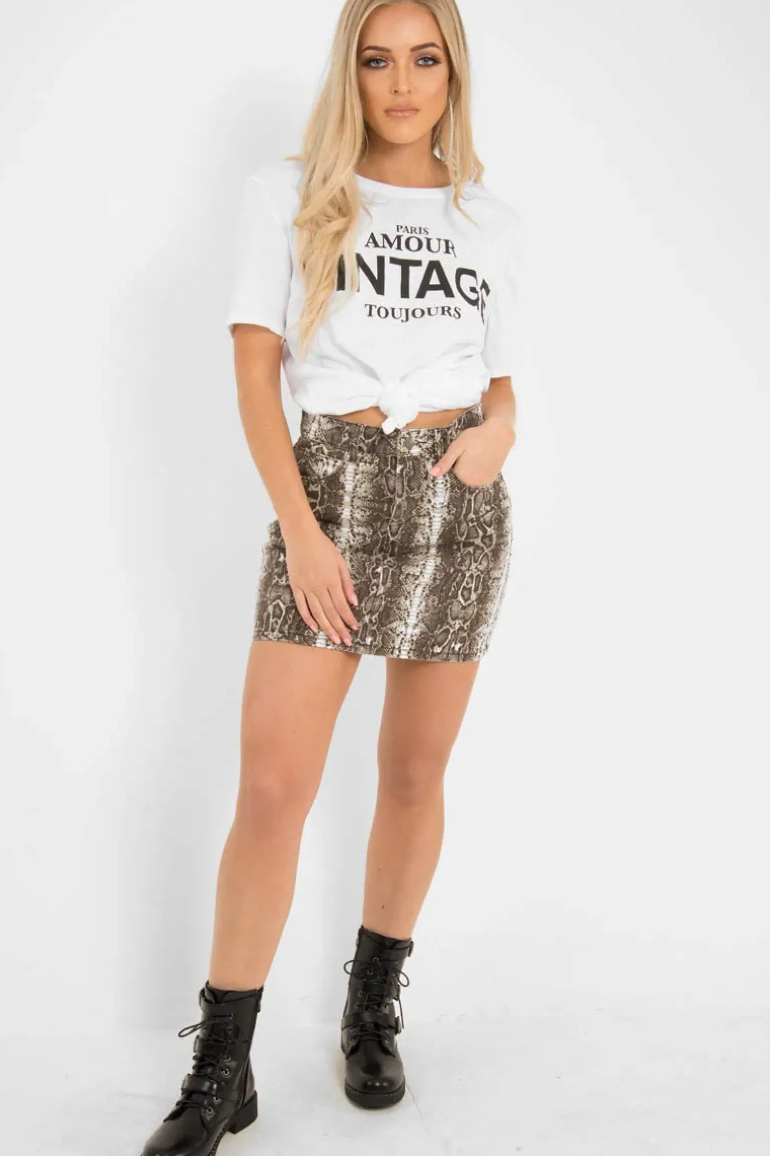 Rebellious Fashion Beige Snake Print Denim Mini Skirt - Antonia