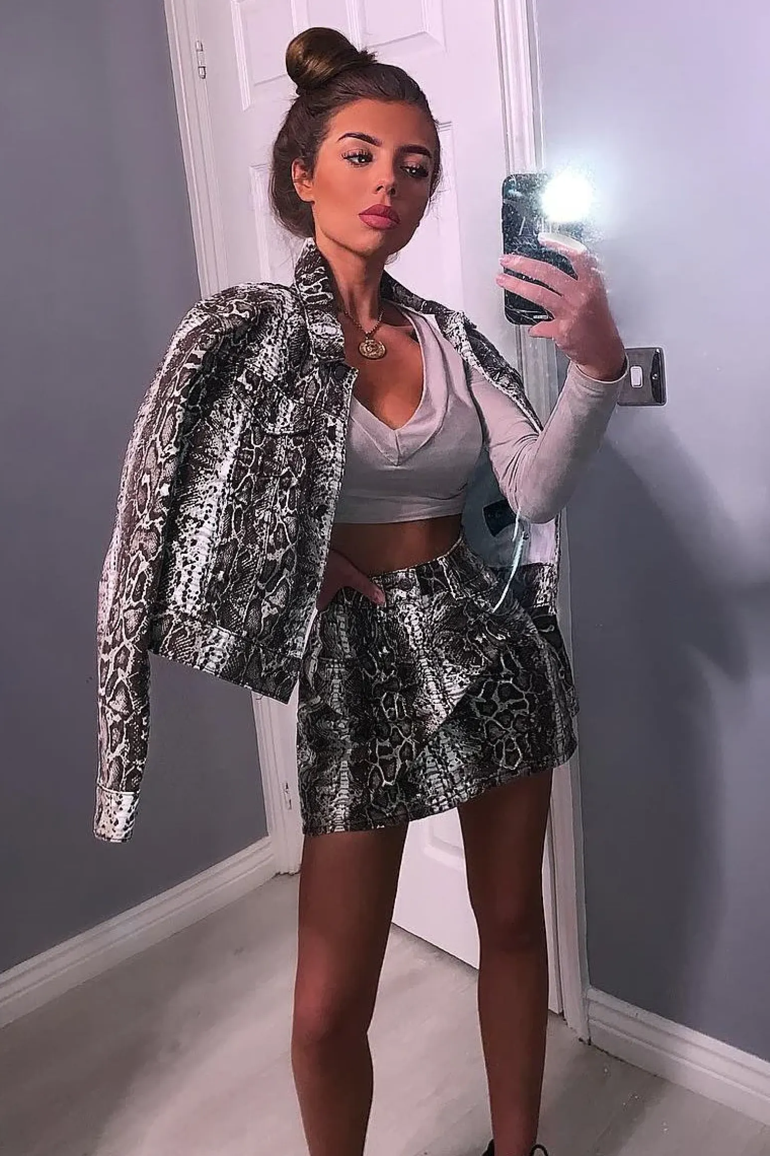 Rebellious Fashion Beige Snake Print Denim Mini Skirt - Antonia