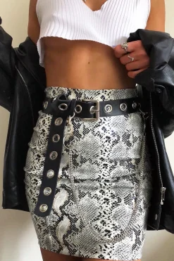 Rebellious Fashion Beige Snake Print Faux Leather Zip Skirt - Edda
