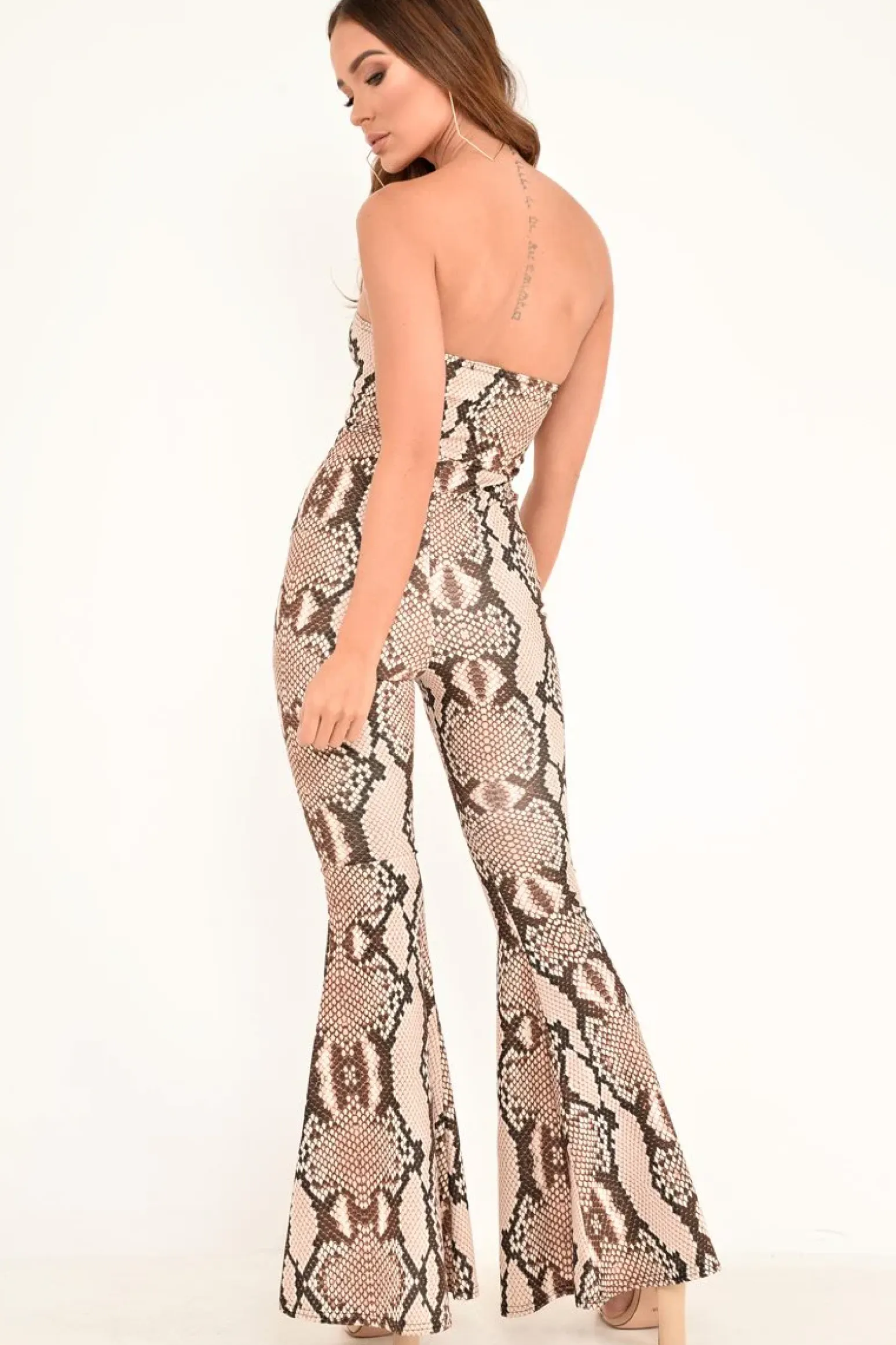 Rebellious Fashion Beige Snake Print Flare Bandeau Jumpsuit - Letizia