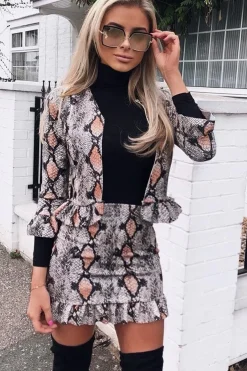 Rebellious Fashion Beige Snake Print Frill Hem Mini Skirt - Kaci
