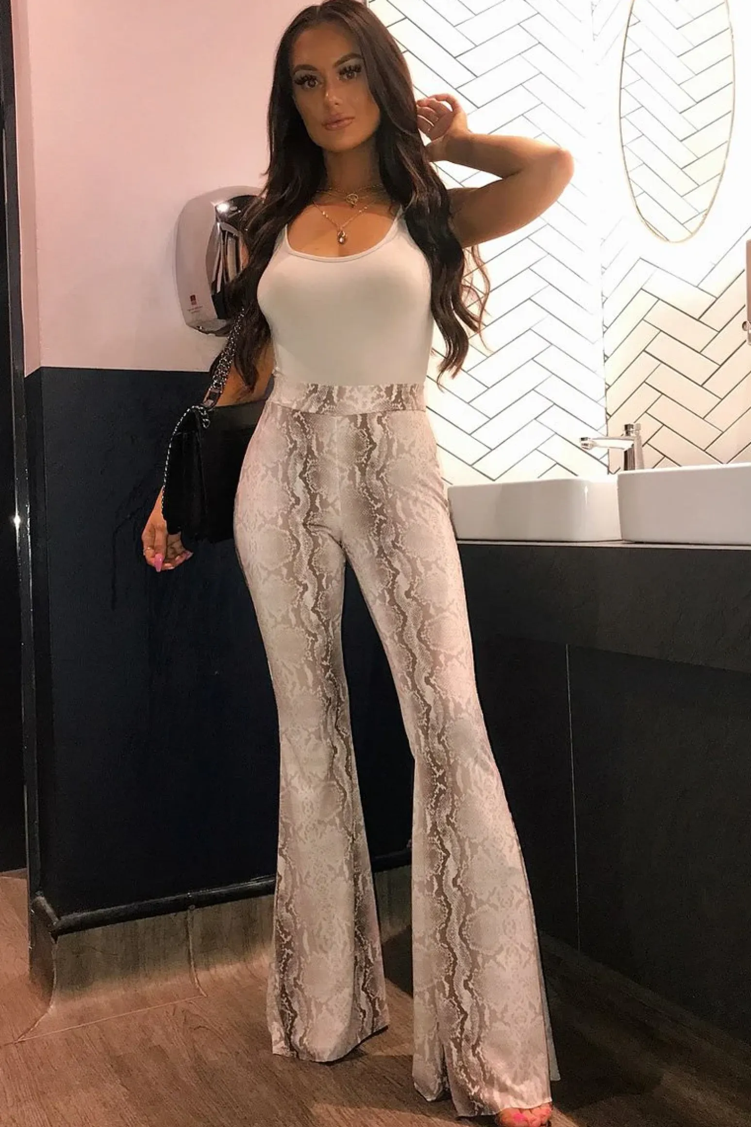 Rebellious Fashion Beige Snake Print High Waisted Flared Trousers - Kamryn