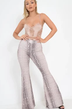 Rebellious Fashion Beige Snake Print High Waisted Flared Trousers - Kamryn