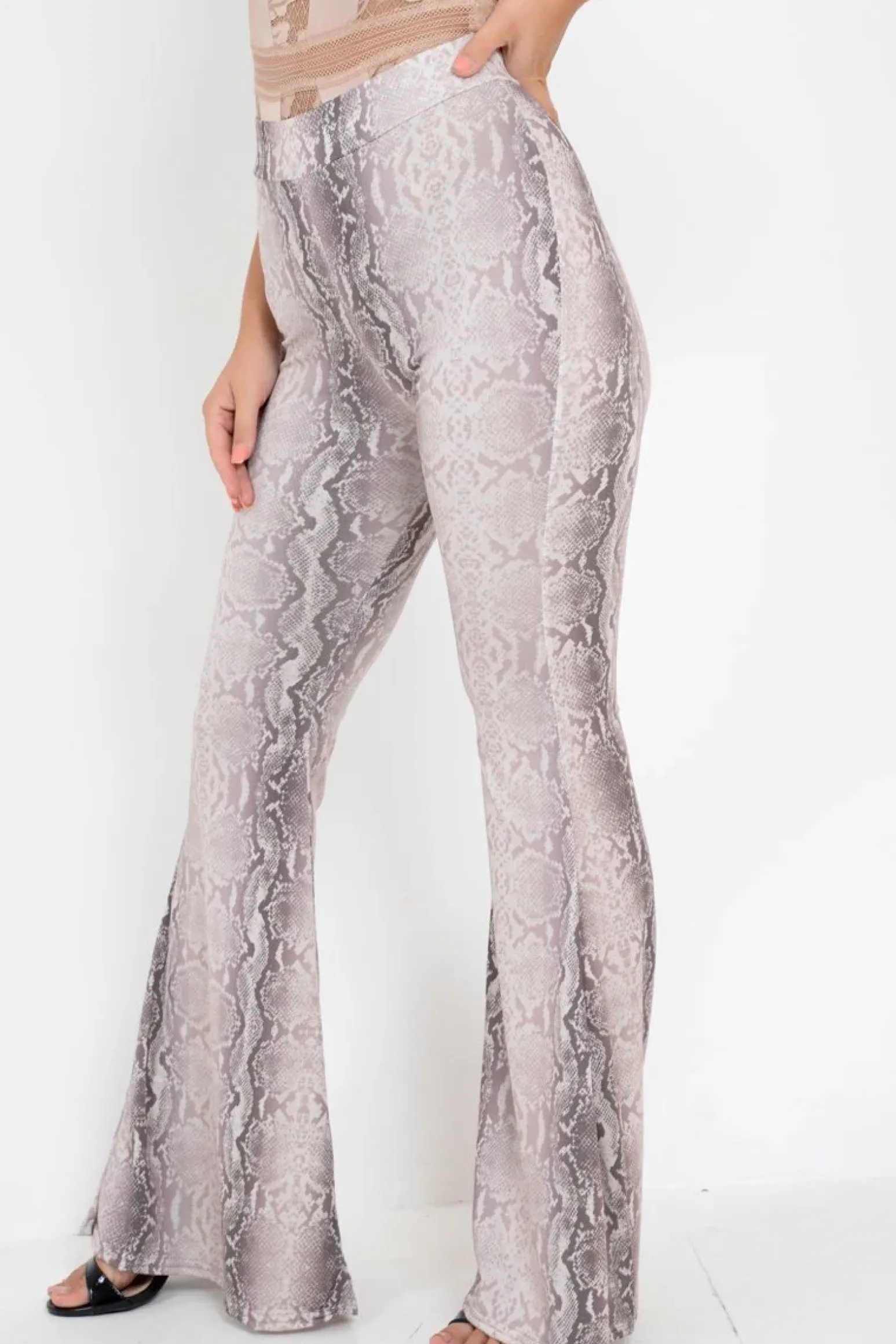 Rebellious Fashion Beige Snake Print High Waisted Flared Trousers - Kamryn