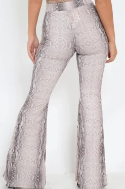 Rebellious Fashion Beige Snake Print High Waisted Flared Trousers - Kamryn