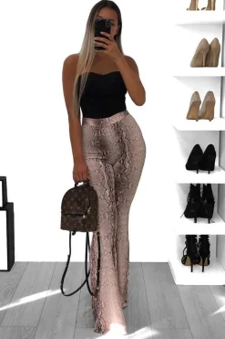Rebellious Fashion Beige Snake Print High Waisted Flared Trousers - Kamryn