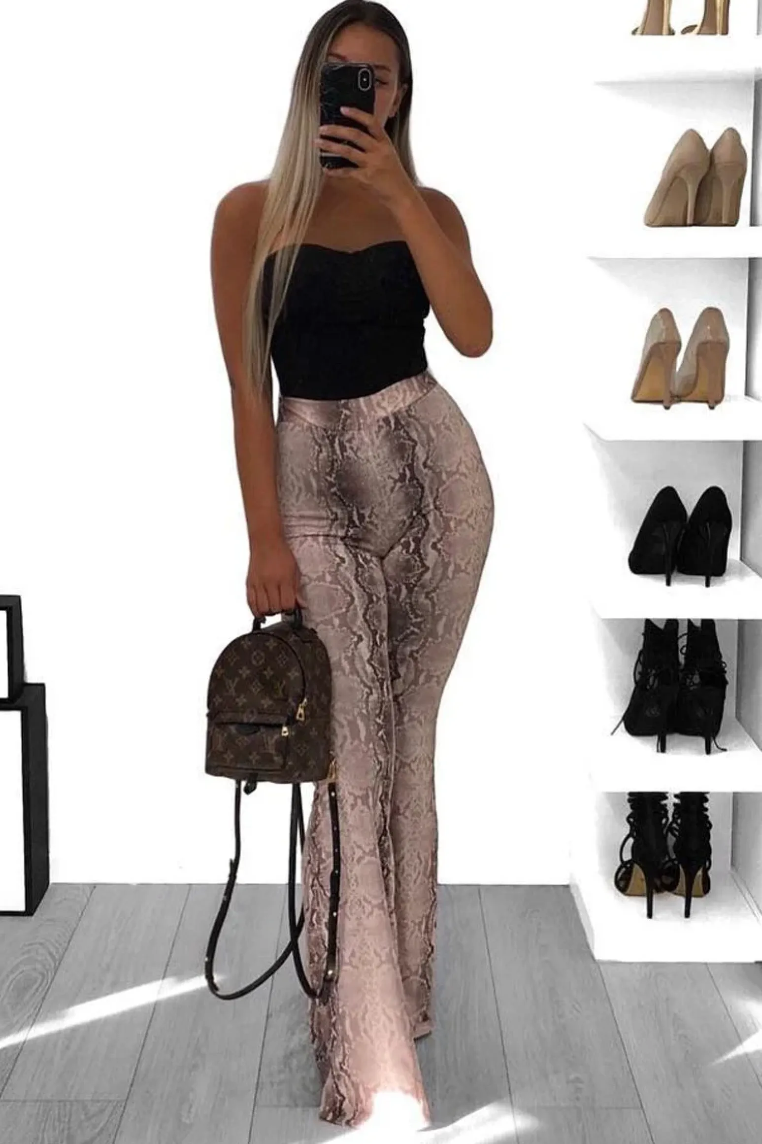 Rebellious Fashion Beige Snake Print High Waisted Flared Trousers - Kamryn