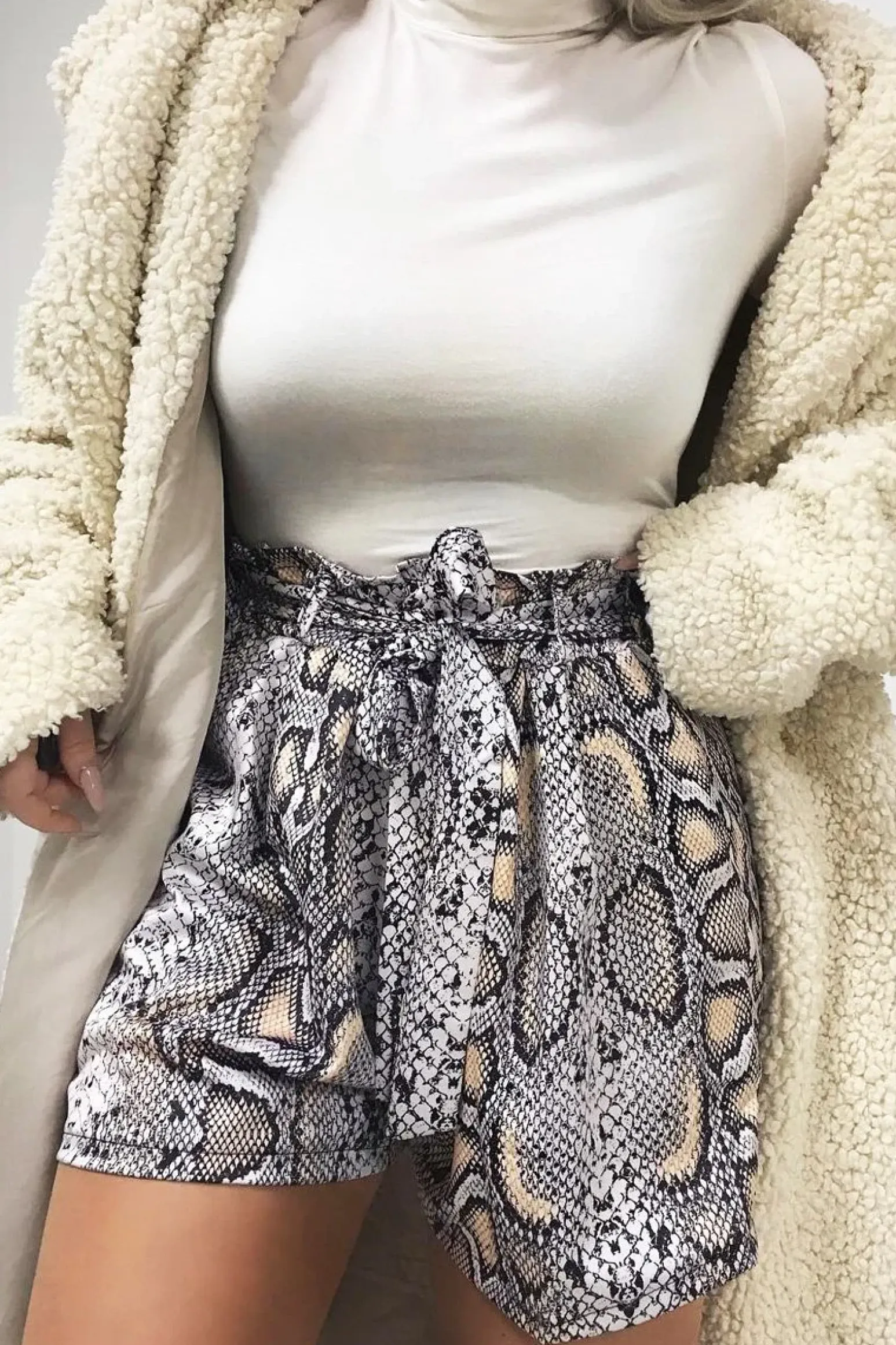 Rebellious Fashion Beige Snake Print Paper Bag Waist Shorts - Lilybeth