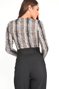 Rebellious Fashion Beige Snake Print Plunge Long Sleeve Bodysuit - Kindra