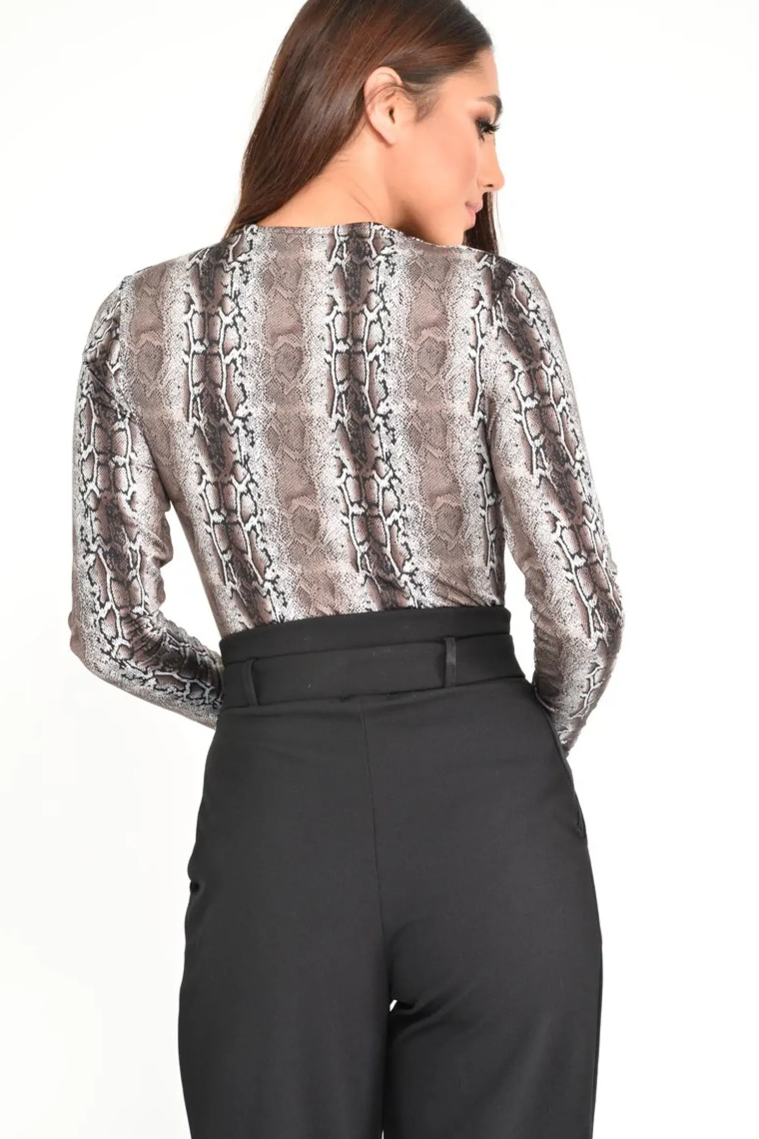 Rebellious Fashion Beige Snake Print Plunge Long Sleeve Bodysuit - Kindra