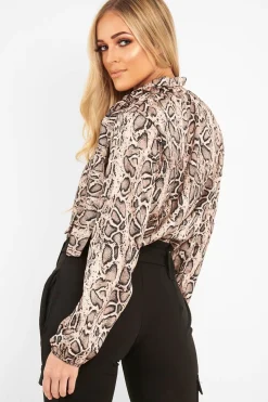 Rebellious Fashion Beige Snake Print Satin Long Sleeve Bow Shirt - Abrah