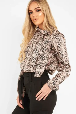 Rebellious Fashion Beige Snake Print Satin Long Sleeve Bow Shirt - Abrah