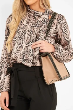 Rebellious Fashion Beige Snake Print Satin Long Sleeve Bow Shirt - Abrah